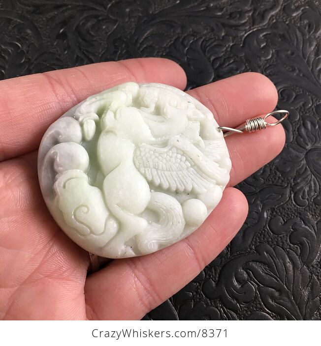 Carved Flying Pegasus Horse Chinese White Jade Stone and Sterling Silver Wire Pendant Jewelry - #upaV1WMIob0-3