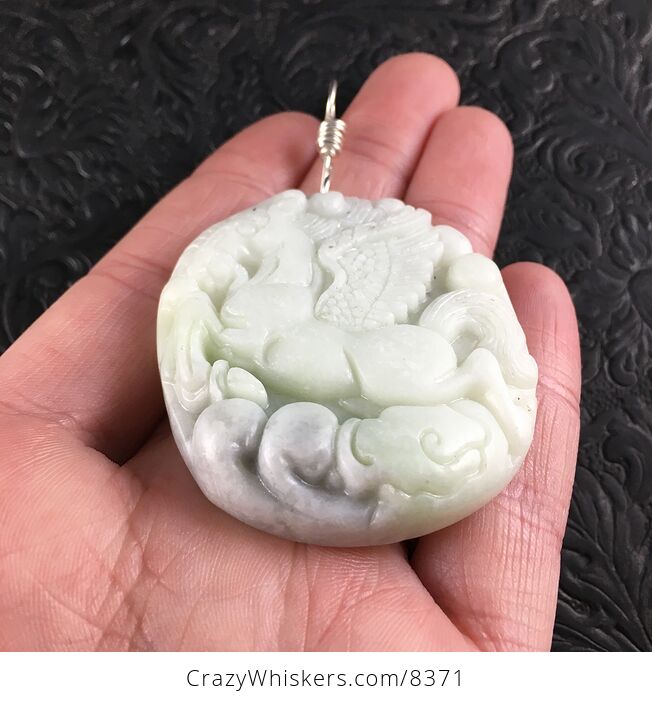 Carved Flying Pegasus Horse Chinese White Jade Stone and Sterling Silver Wire Pendant Jewelry - #upaV1WMIob0-2
