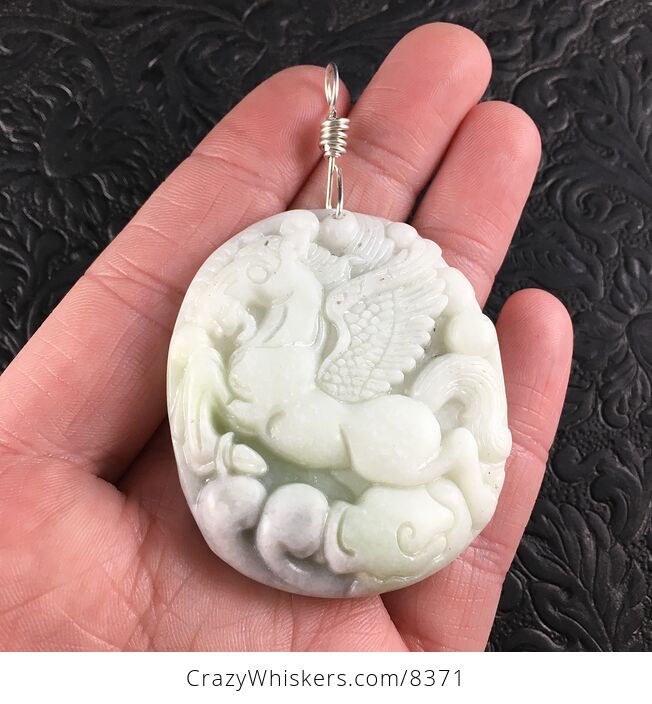 Carved Flying Pegasus Horse Chinese White Jade Stone and Sterling Silver Wire Pendant Jewelry - #upaV1WMIob0-1