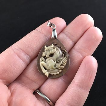 Carved Flying Pegasus Horse in Brown Ribbon Jasper Stone Jewelry Pendant #WjK1IYC1zIY