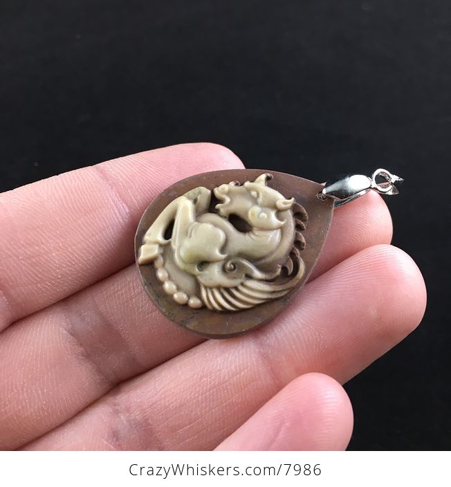 Carved Flying Pegasus Horse in Brown Ribbon Jasper Stone Jewelry Pendant - #WjK1IYC1zIY-2