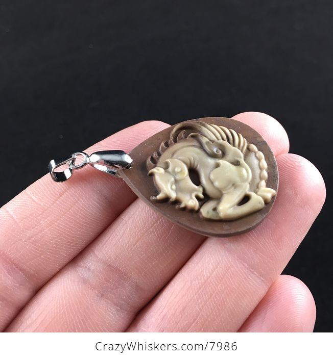 Carved Flying Pegasus Horse in Brown Ribbon Jasper Stone Jewelry Pendant - #WjK1IYC1zIY-3