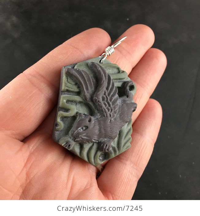 Carved Flying Winged Angel Kitty Pussy Cat Green and Brown Ribbon Jasper Stone Jewelry Pendant Necklace - #HB4YzI7EUXo-2