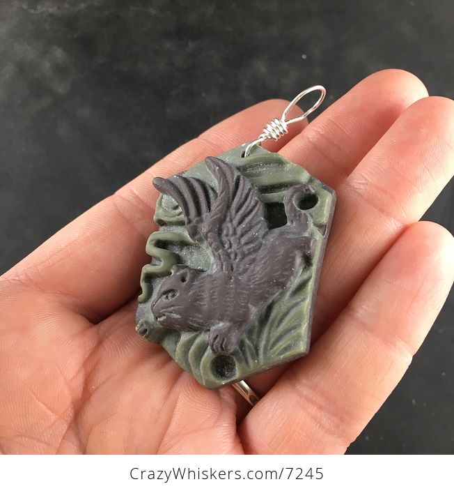 Carved Flying Winged Angel Kitty Pussy Cat Green and Brown Ribbon Jasper Stone Jewelry Pendant Necklace - #HB4YzI7EUXo-3