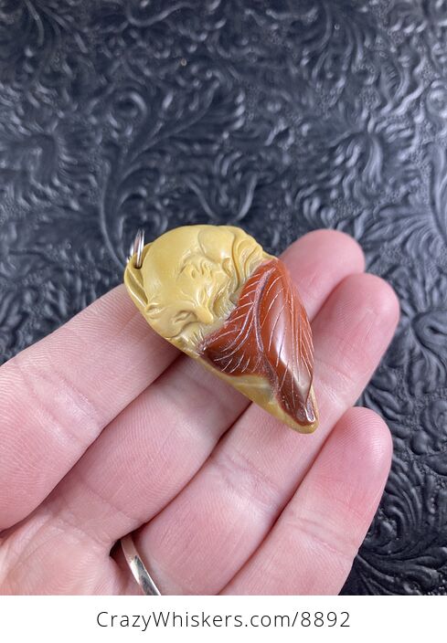 Carved Fox and Leaves in Yellow and Orange Mookaite Stone Jewelry Pendant - #izUNpcyi3jk-5