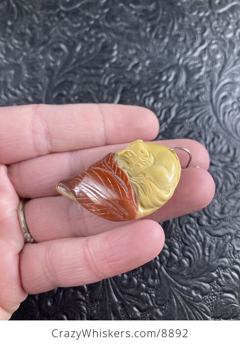 Carved Fox and Leaves in Yellow and Orange Mookaite Stone Jewelry Pendant - #izUNpcyi3jk-4