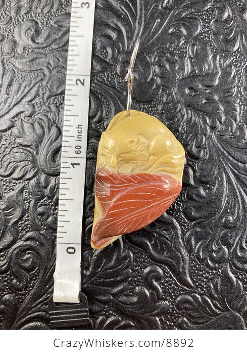 Carved Fox and Leaves in Yellow and Orange Mookaite Stone Jewelry Pendant - #izUNpcyi3jk-1
