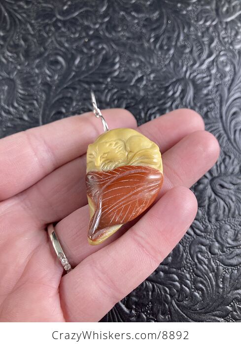Carved Fox and Leaves in Yellow and Orange Mookaite Stone Jewelry Pendant - #izUNpcyi3jk-3