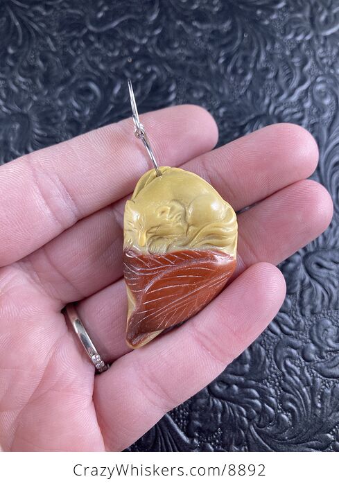 Carved Fox and Leaves in Yellow and Orange Mookaite Stone Jewelry Pendant - #izUNpcyi3jk-2