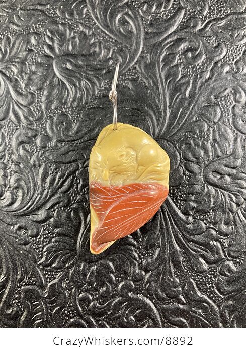 Carved Fox and Leaves in Yellow and Orange Mookaite Stone Jewelry Pendant - #izUNpcyi3jk-6