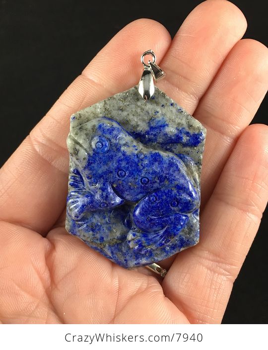 Carved Frog in Blue Lapis Lazuli Stone Jewelry Pendant - #xhcCfmzMc0k-1