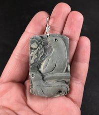 Carved Grayish Green Ribbon Jasper Stone Seal and Pup Pendant with Silver Plated Wire Wrap Bail #Sg7YNxIiAeI