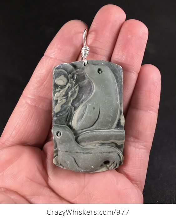Carved Grayish Green Ribbon Jasper Stone Seal and Pup Pendant with Silver Plated Wire Wrap Bail - #Sg7YNxIiAeI-1