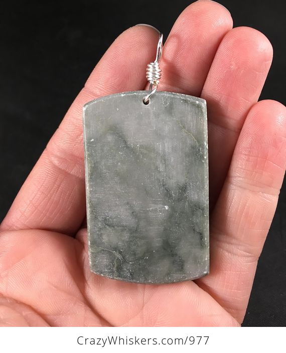 Carved Grayish Green Ribbon Jasper Stone Seal and Pup Pendant with Silver Plated Wire Wrap Bail - #Sg7YNxIiAeI-2