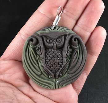 Carved Green and Brown Owl Ribbon Jasper Stone Pendant with Wire Bail #ErcdpqMsI7s