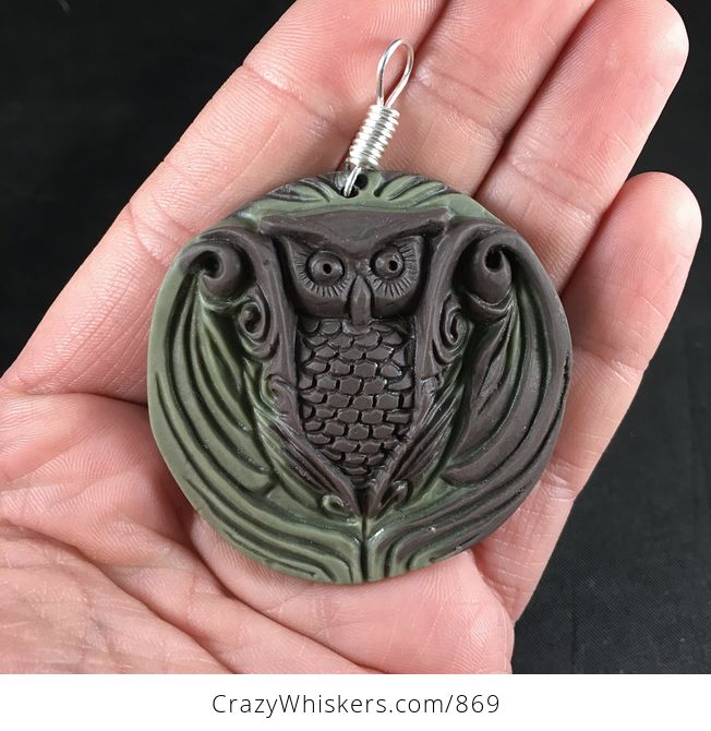 Carved Green and Brown Owl Ribbon Jasper Stone Pendant with Wire Bail - #ErcdpqMsI7s-1