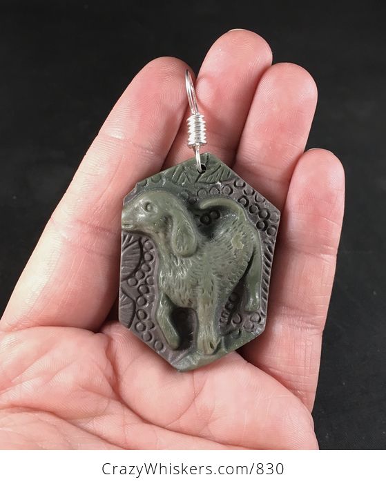 Carved Green and Brown Puppy Dog Ribbon Jasper Stone Pendant with Wire Bail - #kx1l1iYbs9E-1