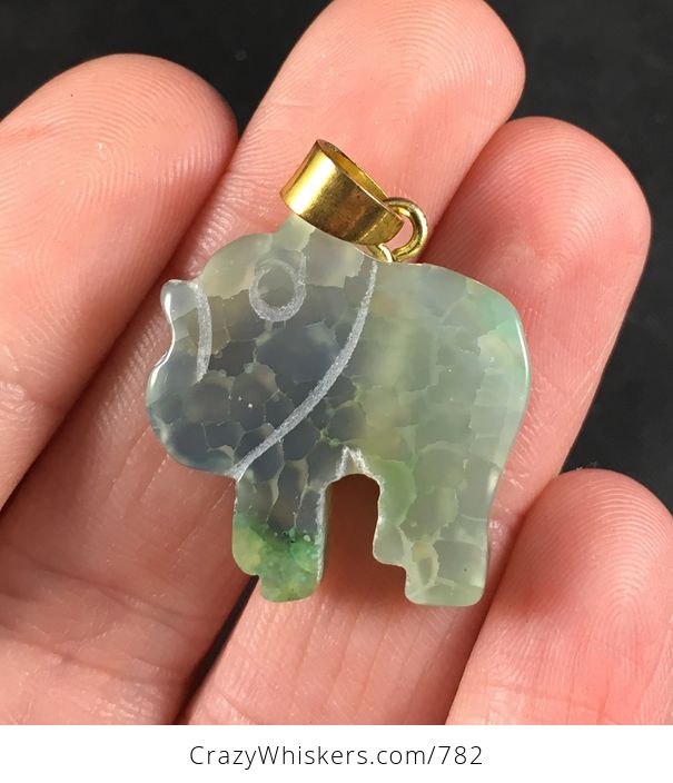 Carved Green Elephant Shaped Dendrite Druzy Agate Stone Pendant - #6Mg7GUpSajs-1