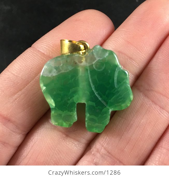 Carved Green Elephant Shaped Druzy Agate Stone Pendant Necklace - #EXffPeyx14o-2