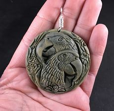 Carved Green Parrot Pair Ribbon Jasper Stone Pendant with Wire Bail #rtmRQgScRp0