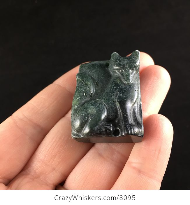 Carved Green Sitting Fox Ribbon Jasper Stone Pendant Jewelry - #uD7gAE9ZjcY-2