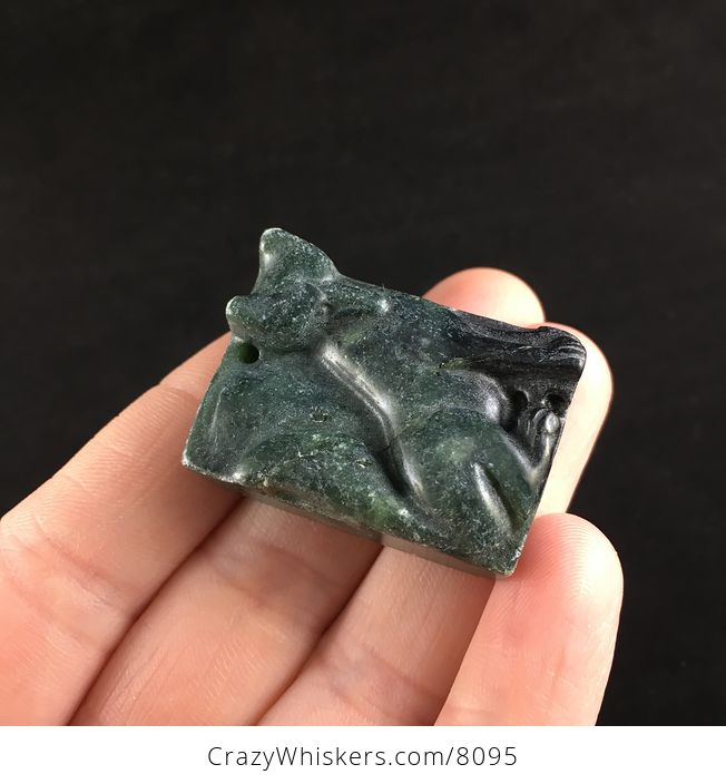 Carved Green Sitting Fox Ribbon Jasper Stone Pendant Jewelry - #uD7gAE9ZjcY-4