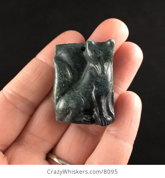 Carved Green Sitting Fox Ribbon Jasper Stone Pendant Jewelry - #uD7gAE9ZjcY-1