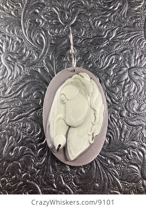Carved Horse Head in Profile Jasper Stone Pendant Jewelry Mini Art Ornament - #AEvpB2Y4DCE-1