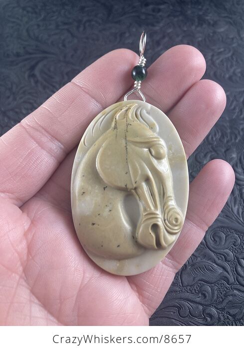 Carved Horse Head in Profile Jasper Stone Pendant Jewelry Mini Art Ornament - #nZ24eehUty8-1