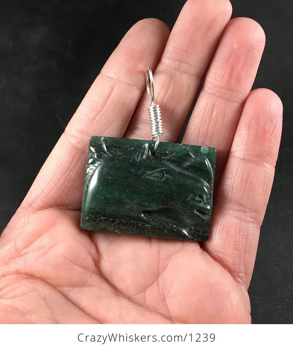 Carved Horse Head Natural Green Jasper Stone Pendant with Wire Bail - #b9y6bd5mYac-1