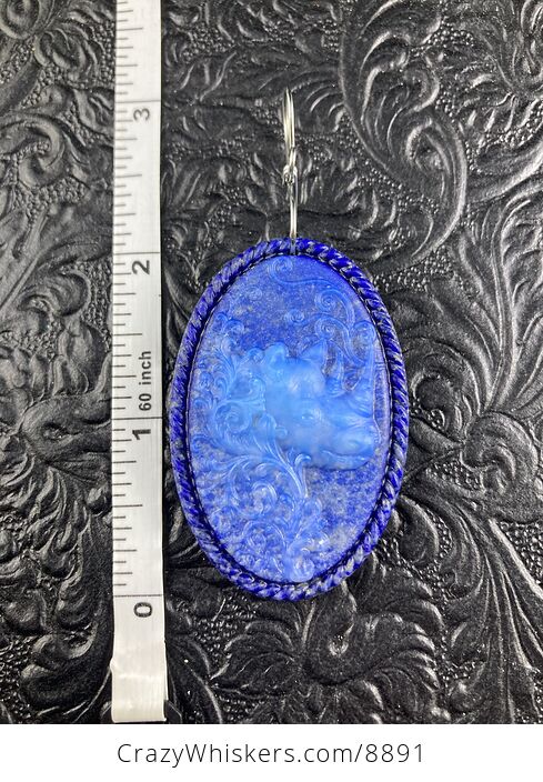 Carved Lampworks Glass Rhinoceros over Blue Lapis Lazuli Stone Pendant Jewelry - #sqyYha0c5nc-5