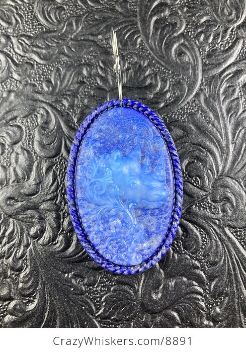 Carved Lampworks Glass Rhinoceros over Blue Lapis Lazuli Stone Pendant Jewelry - #sqyYha0c5nc-4