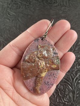 Carved Leopard Resting in a Tree in Fancy Agate over Rhodonite Stone Jewelry Pendant #A89UfxFtAUY