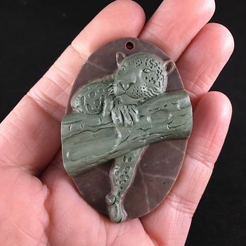 Carved Leopard Resting in a Tree in Green and Brown Ribbon Jasper Stone Jewelry Pendant #5ccVg7ILyS0