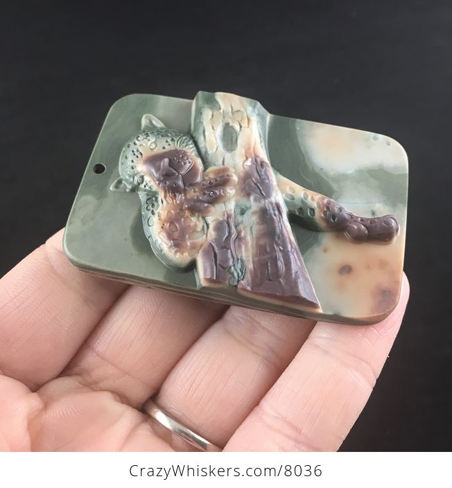 Carved Leopard Resting in a Tree in Green Brown and Orange Ribbon Jasper Stone Jewelry Pendant - #aVrL9QyCihc-4