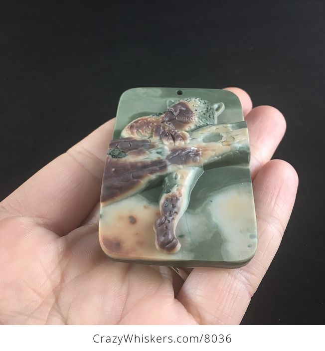 Carved Leopard Resting in a Tree in Green Brown and Orange Ribbon Jasper Stone Jewelry Pendant - #aVrL9QyCihc-2