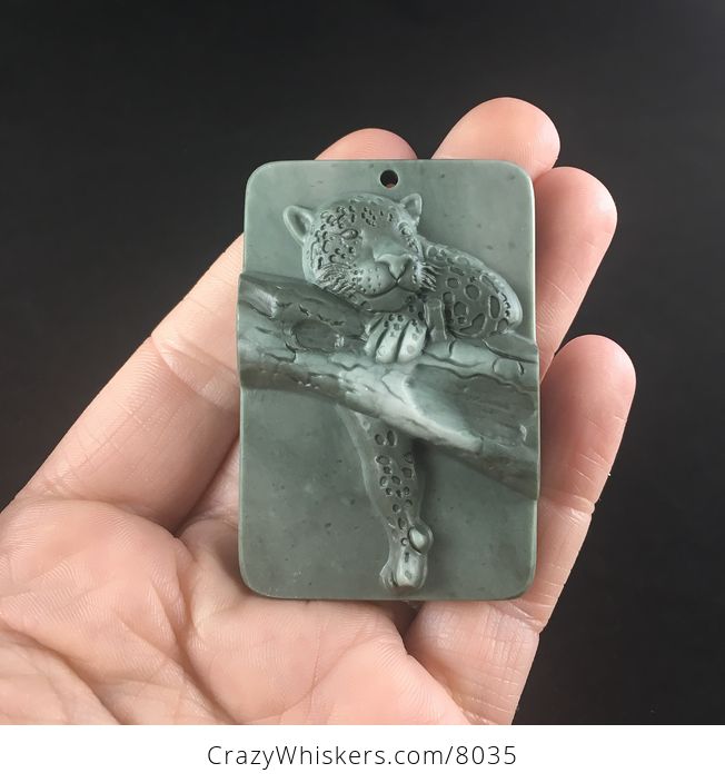 Carved Leopard Resting in a Tree in Green Ribbon Jasper Stone Jewelry Pendant - #x7yCdlOEEoo-1