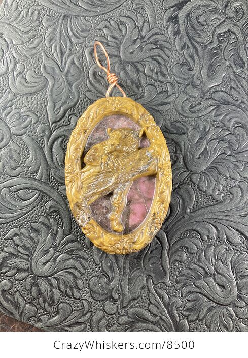 Carved Leopard Resting in a Tree in Jasper and Rhodonite Stone Jewelry Pendant - #jsTwvIvo8sI-5