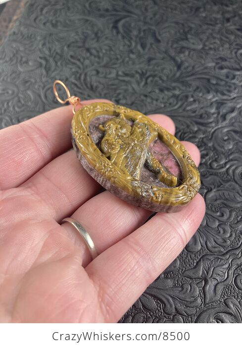 Carved Leopard Resting in a Tree in Jasper and Rhodonite Stone Jewelry Pendant - #jsTwvIvo8sI-4