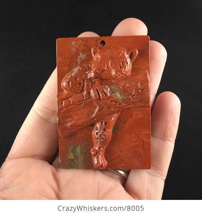 Carved Leopard Resting in a Tree in Red Brecciated Jasper Stone Pendant Jewelry - #obNFzz33Nw0-2