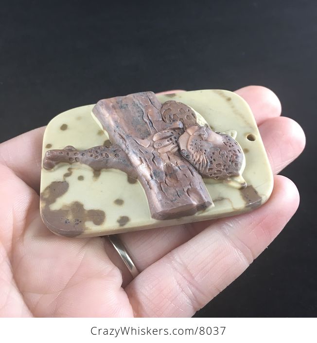Carved Leopard Resting in a Tree in Tan and Brown Ribbon Jasper Stone Jewelry Pendant - #PBzEviHoLaw-3