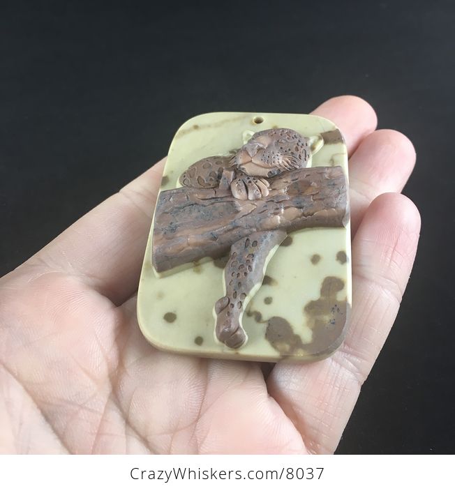 Carved Leopard Resting in a Tree in Tan and Brown Ribbon Jasper Stone Jewelry Pendant - #PBzEviHoLaw-2