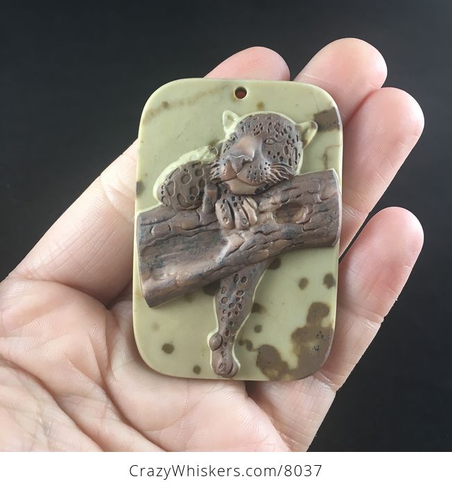 Carved Leopard Resting in a Tree in Tan and Brown Ribbon Jasper Stone Jewelry Pendant - #PBzEviHoLaw-1