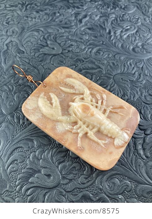 Carved Lobster Jasper Stone Pendant Jewelry Ornament Mini Art - #3EIJrAEhU38-6