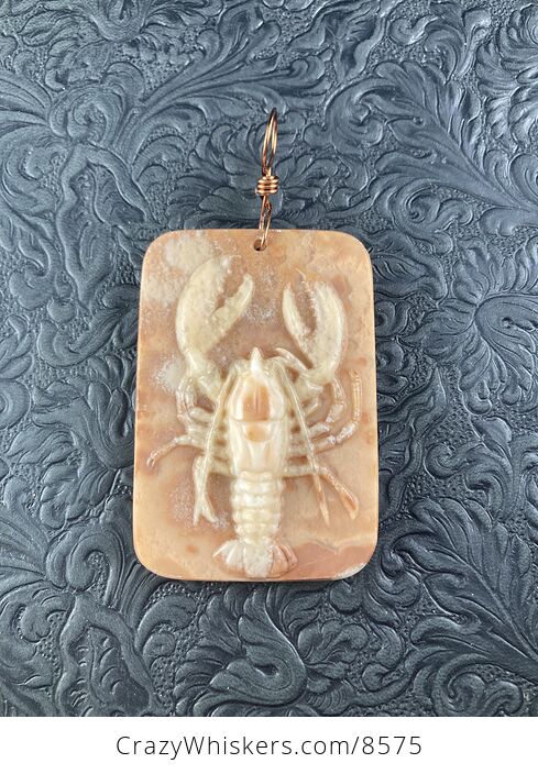 Carved Lobster Jasper Stone Pendant Jewelry Ornament Mini Art - #3EIJrAEhU38-3