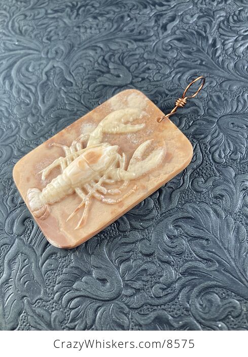 Carved Lobster Jasper Stone Pendant Jewelry Ornament Mini Art - #3EIJrAEhU38-5