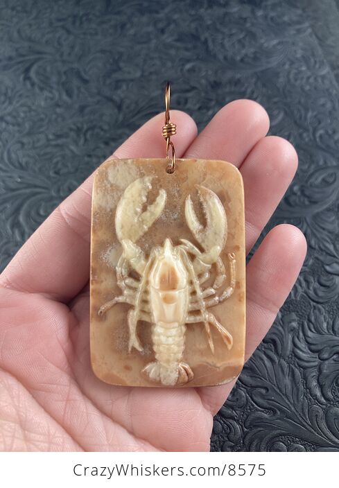 Carved Lobster Jasper Stone Pendant Jewelry Ornament Mini Art - #3EIJrAEhU38-2