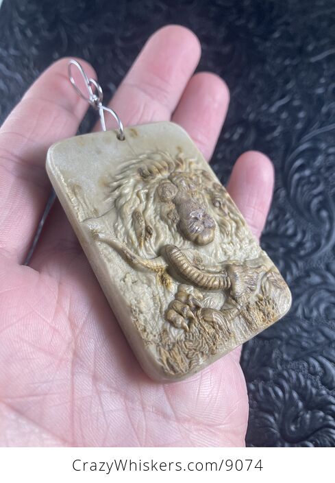 Carved Male Lion and Prey Jasper Stone Pendant Jewelry Mini Art Ornament - #xj4fScpdYwE-5
