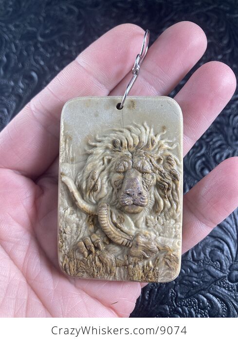 Carved Male Lion and Prey Jasper Stone Pendant Jewelry Mini Art Ornament - #xj4fScpdYwE-2