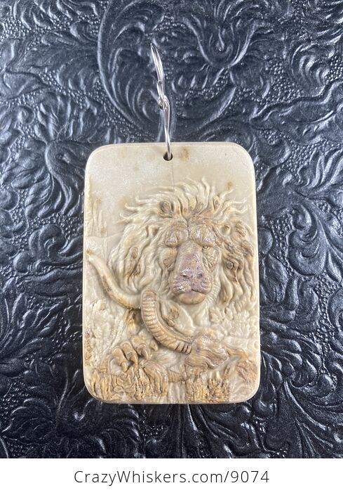 Carved Male Lion and Prey Jasper Stone Pendant Jewelry Mini Art Ornament - #xj4fScpdYwE-1